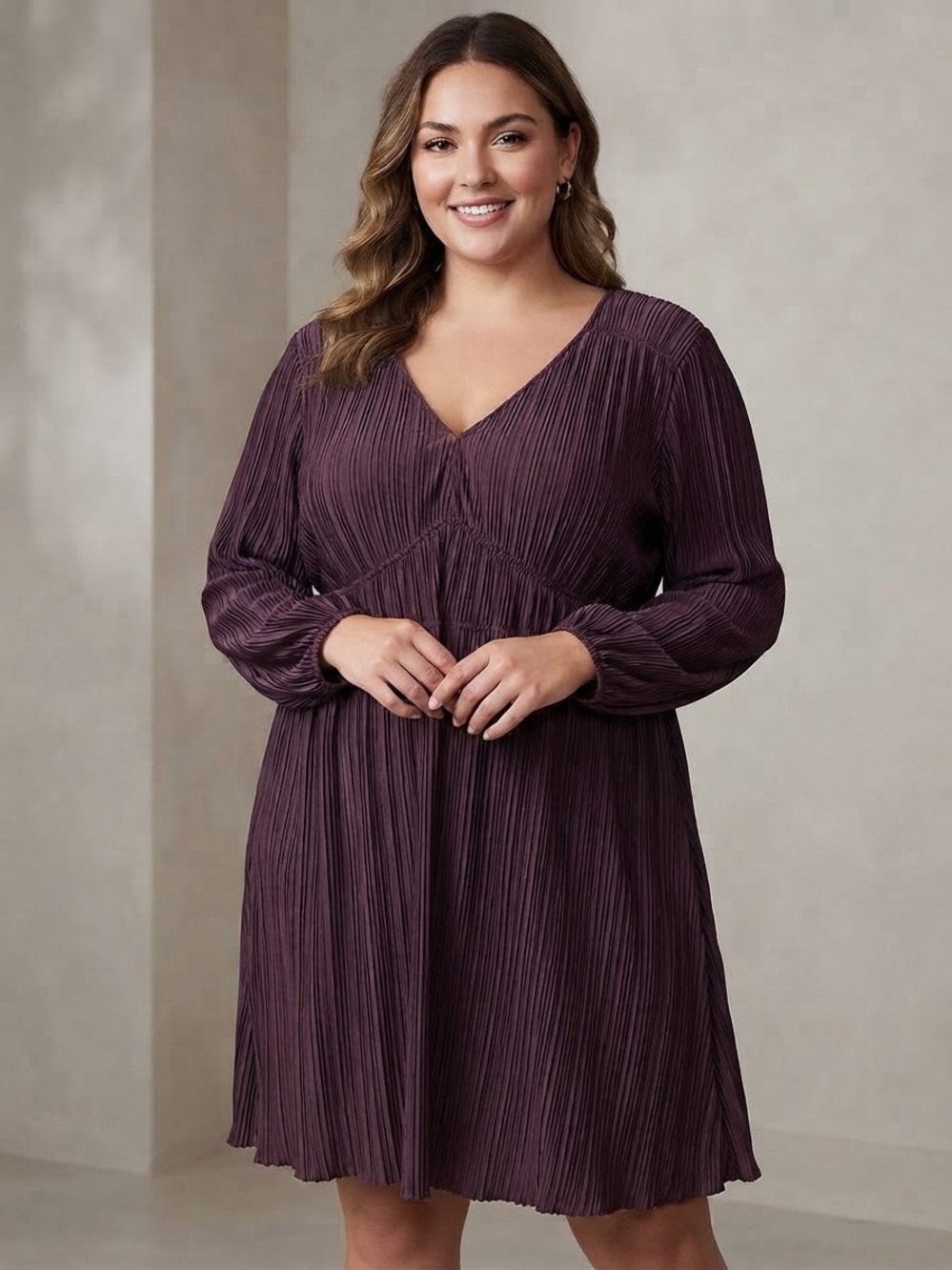 Dex 2X Dark Grape Purple Pleated V-Neck Dress Midi NWT